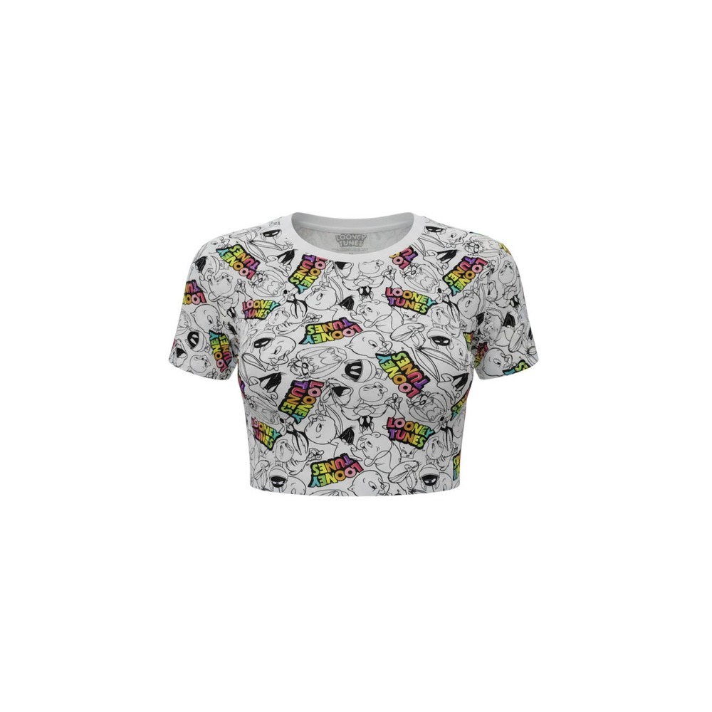 Looney Tunes Crop Top Womens Medium White All Over Print Characters Cotton Tee